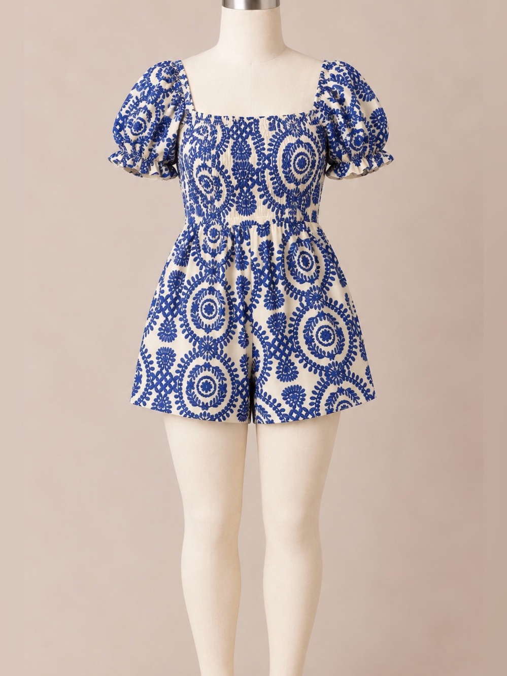 SHEIN Blue White Smocked Puff Sleeve Romper Size Large Cottagecore Coastal Summe